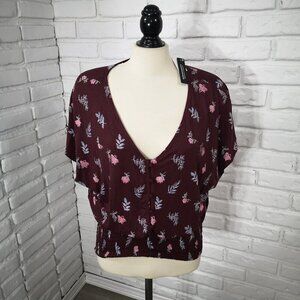 NWT Reitmans "The Short Cut" Ladies Size 2X Burgundy w/ Floral Pattern Blouse